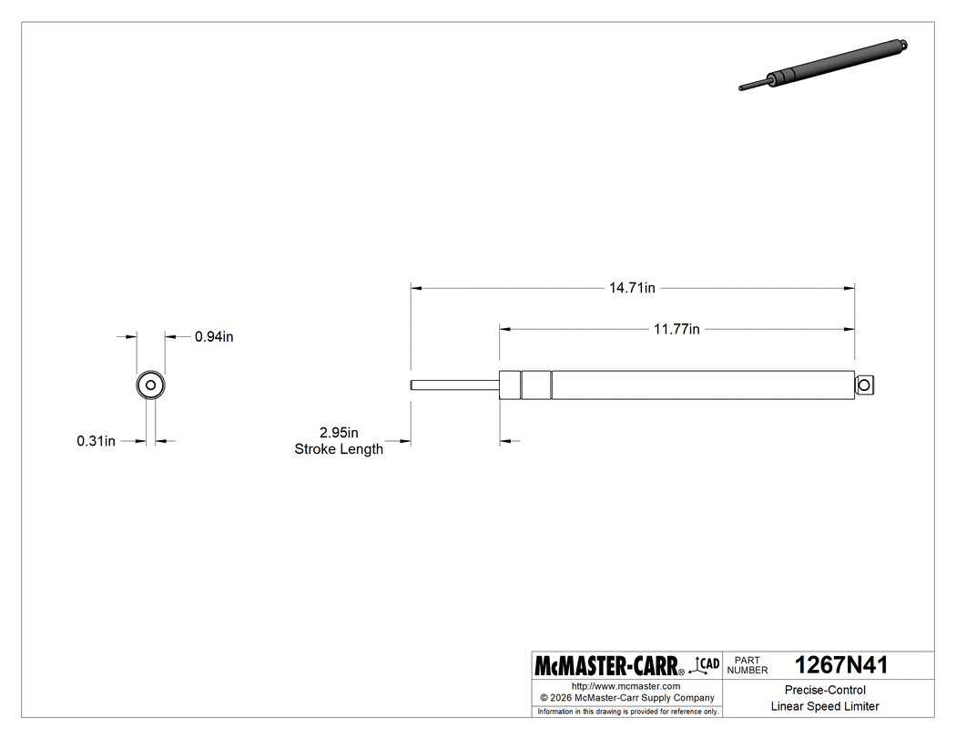 Technical Drawing of Precise-Control Linear Speed Limiter, 3" Stroke Length .
